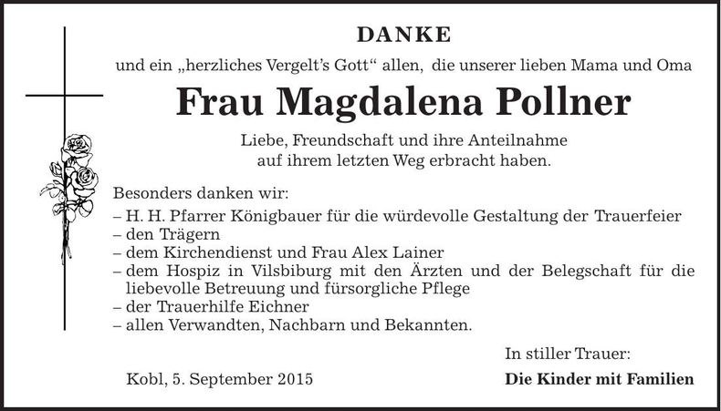 Traueranzeige Magdalena Pollner