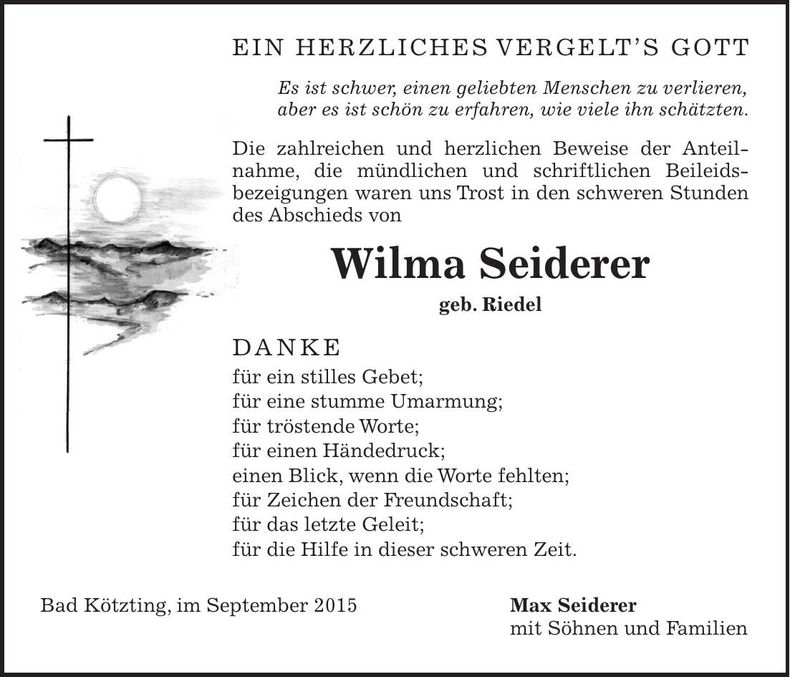 Traueranzeige Wilma Seiderer