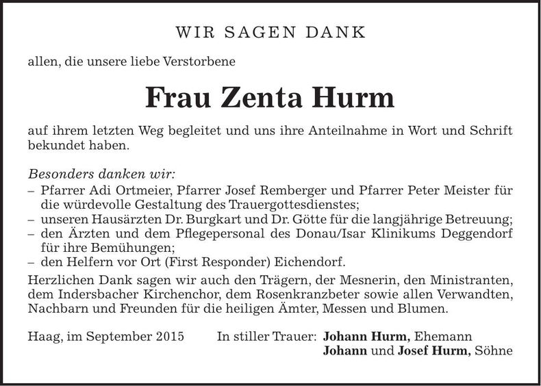 Traueranzeige Zenta Hurm