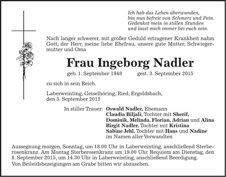 Traueranzeige Ingeborg Nadler