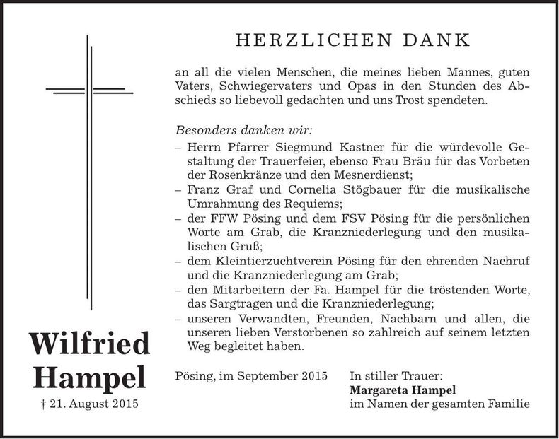 Traueranzeige Wilfried Hampel