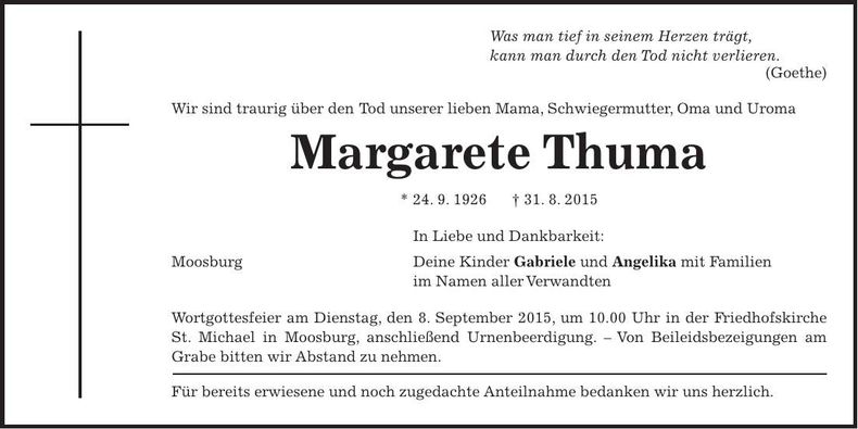 Traueranzeige Margarete Thuma