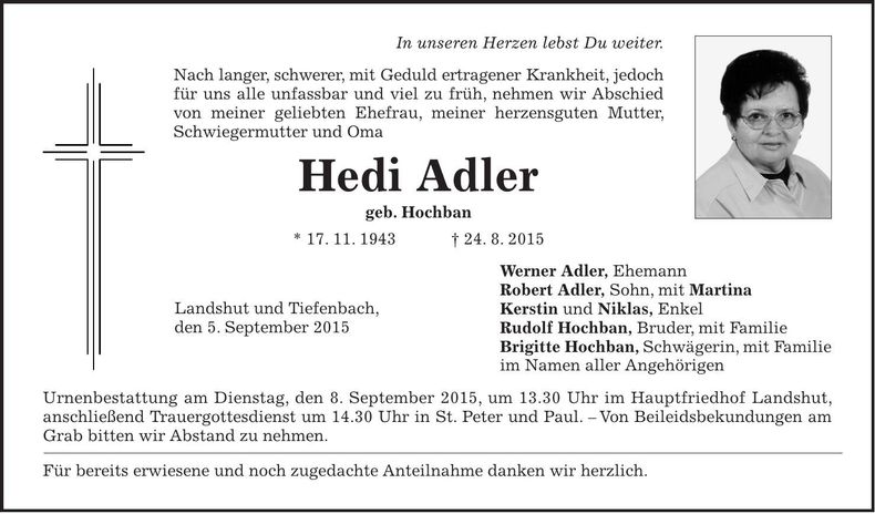 Traueranzeige Hedi Adler