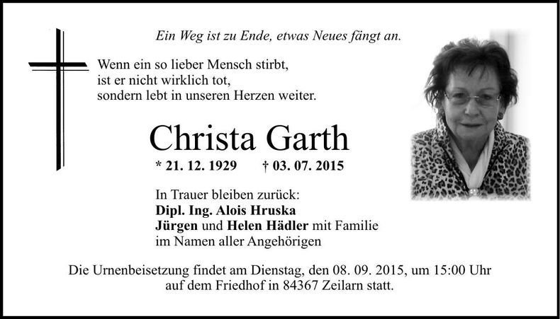 Traueranzeige Christa Garth