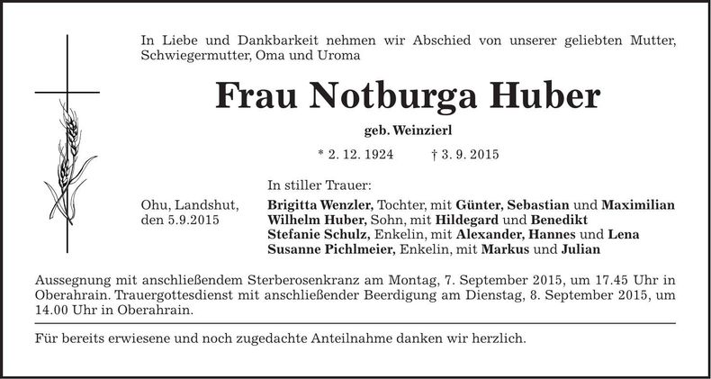 Traueranzeige Notburga Huber