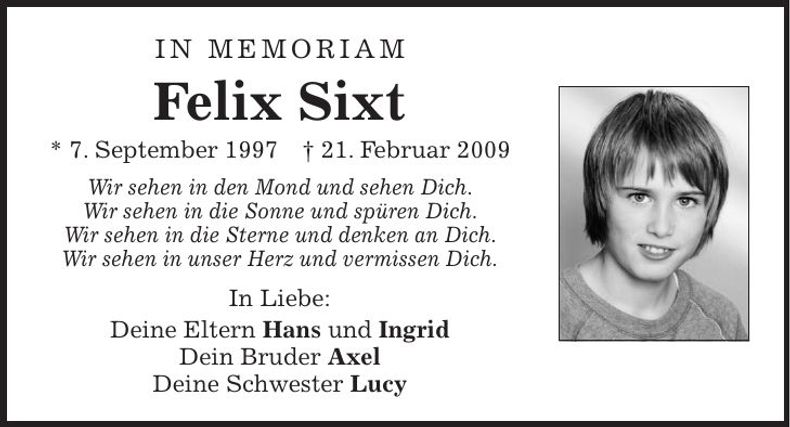 Traueranzeige Felix Sixt