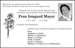 Traueranzeige Irmgard Mayer