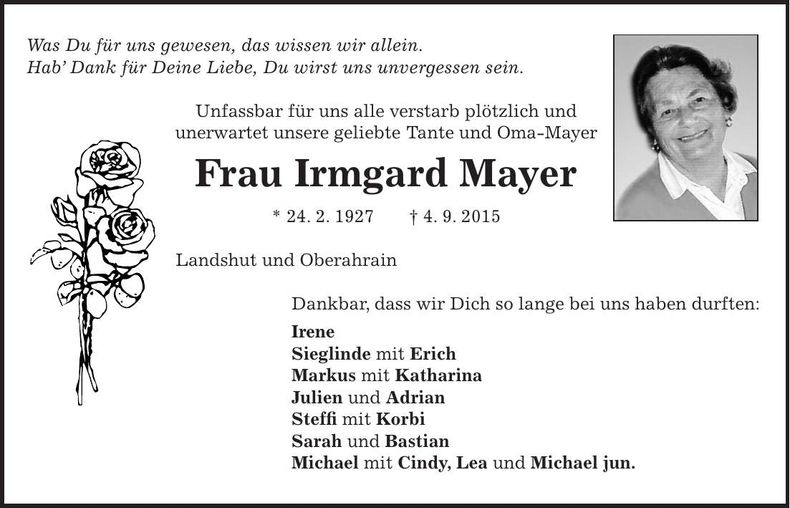 Traueranzeige Irmgard Mayer
