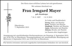 Traueranzeige Irmgard Mayer