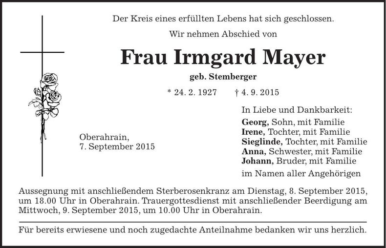 Traueranzeige Irmgard Mayer