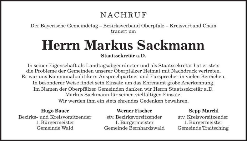 Traueranzeige Markus Sackmann