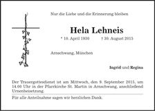 Traueranzeige Hela Lehneis