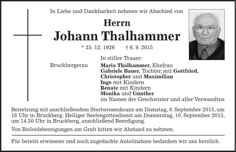 Traueranzeige Johann Thalhammer