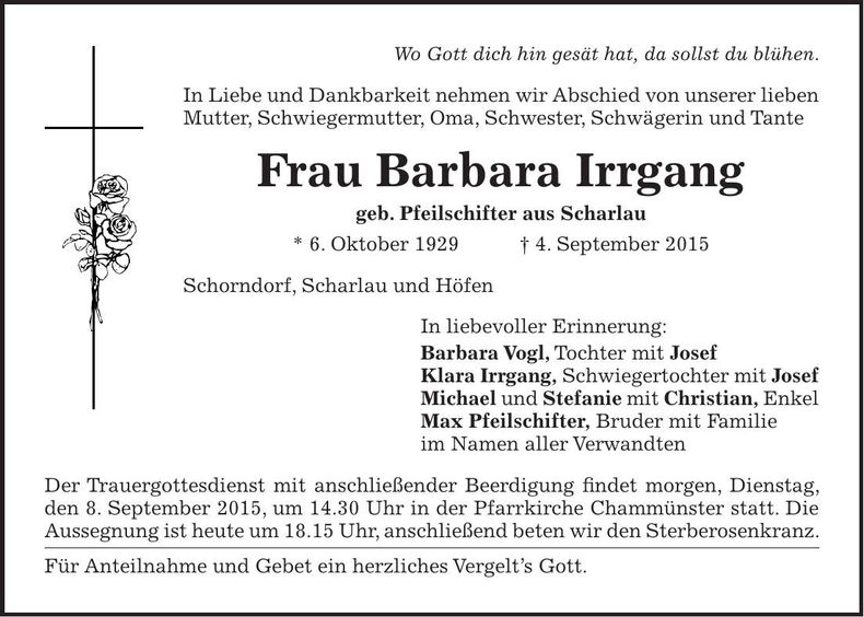 Traueranzeige Barbara Irrgang