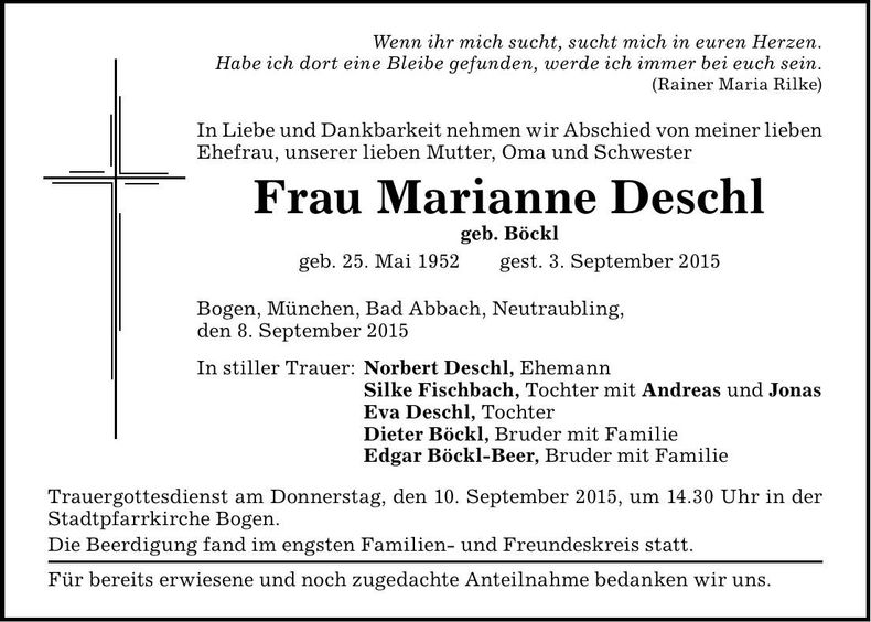 Traueranzeige Marianne Deschl
