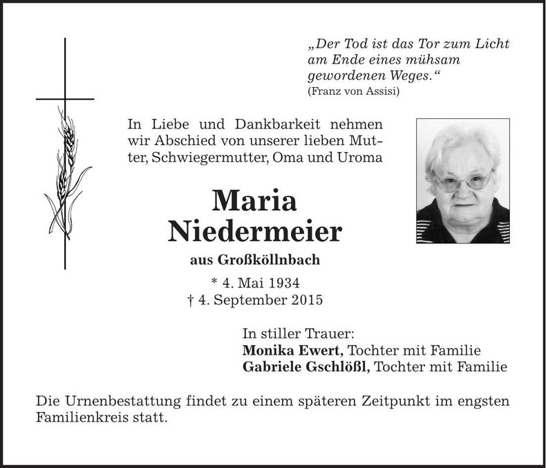 Traueranzeige Maria Niedermeier