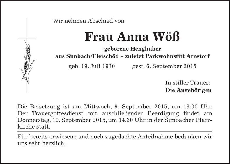 Traueranzeige Anna Wöß