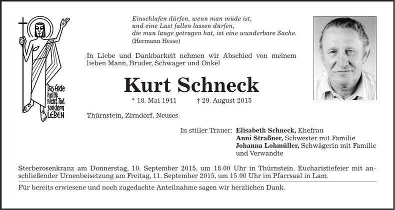 Traueranzeige Kurt Schneck