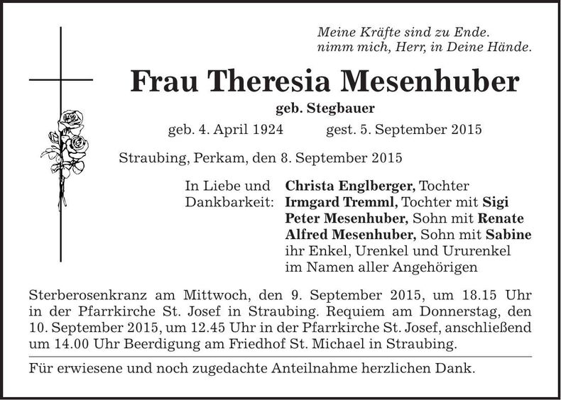 Traueranzeige Theresia Mesenhuber