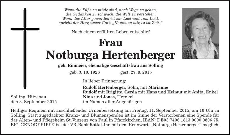 Traueranzeige Notburga Hertenberger