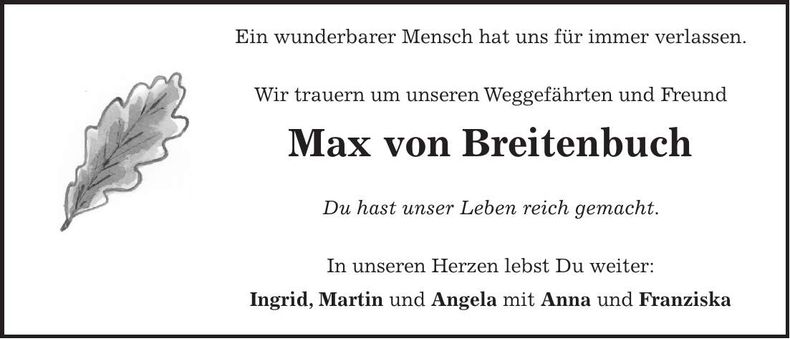 Traueranzeige Arthur Max von Breitenbuch