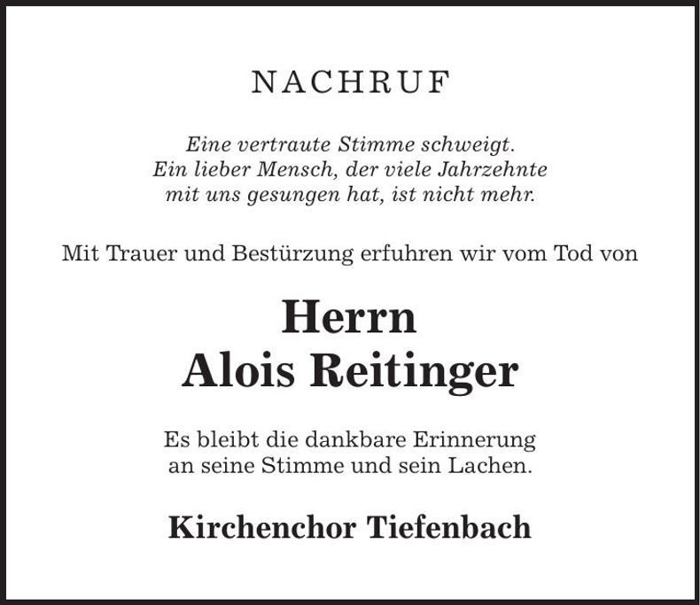 Traueranzeige Alois Reitinger