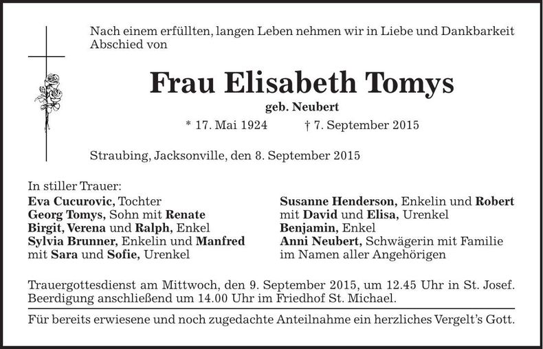 Traueranzeige Elisabeth Tomys