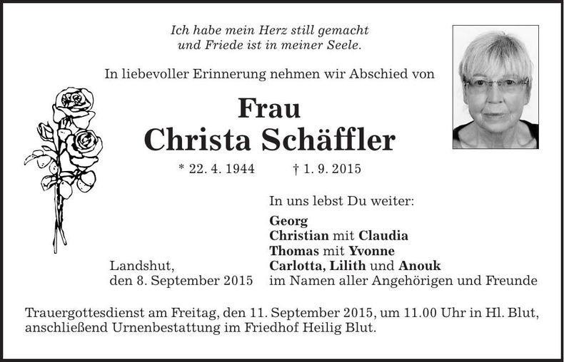Traueranzeige Christa Schäffler