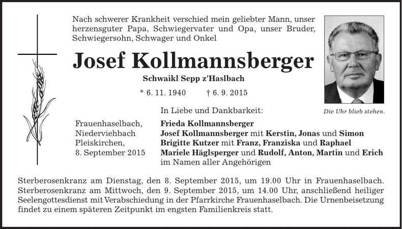 Traueranzeige Josef Kollmannsberger