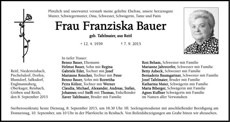 Traueranzeige Franziska Bauer