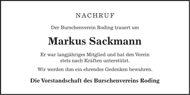 Traueranzeige Markus Sackmann