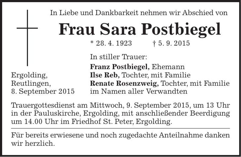 Traueranzeige Sara Postbiegel