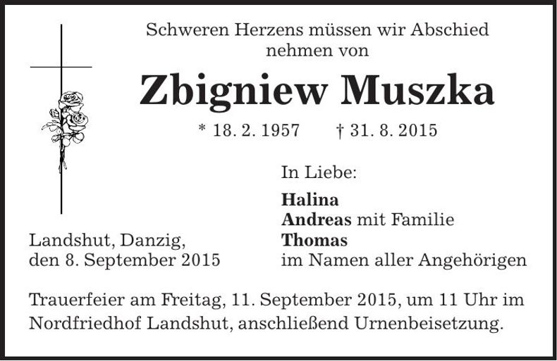 Traueranzeige Zbigniew Muszka