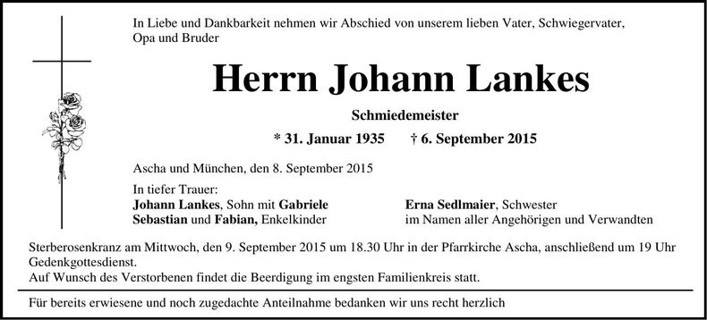 Traueranzeige Johann Lankes