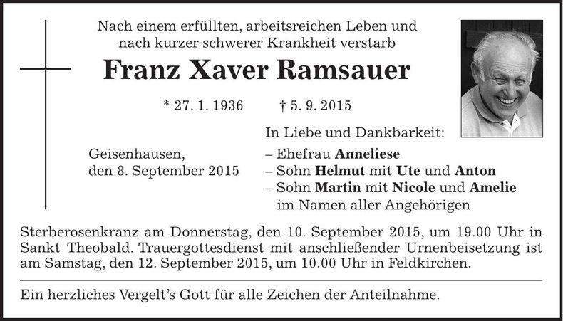 Traueranzeige Franz Xaver Ramsauer
