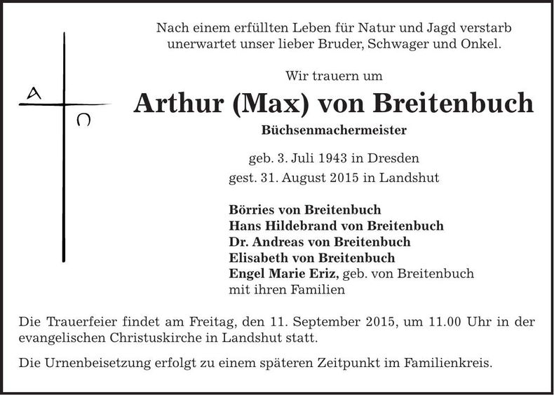 Traueranzeige Arthur Max von Breitenbuch