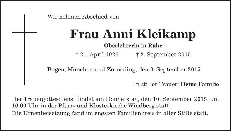 Traueranzeige Anni Kleikamp