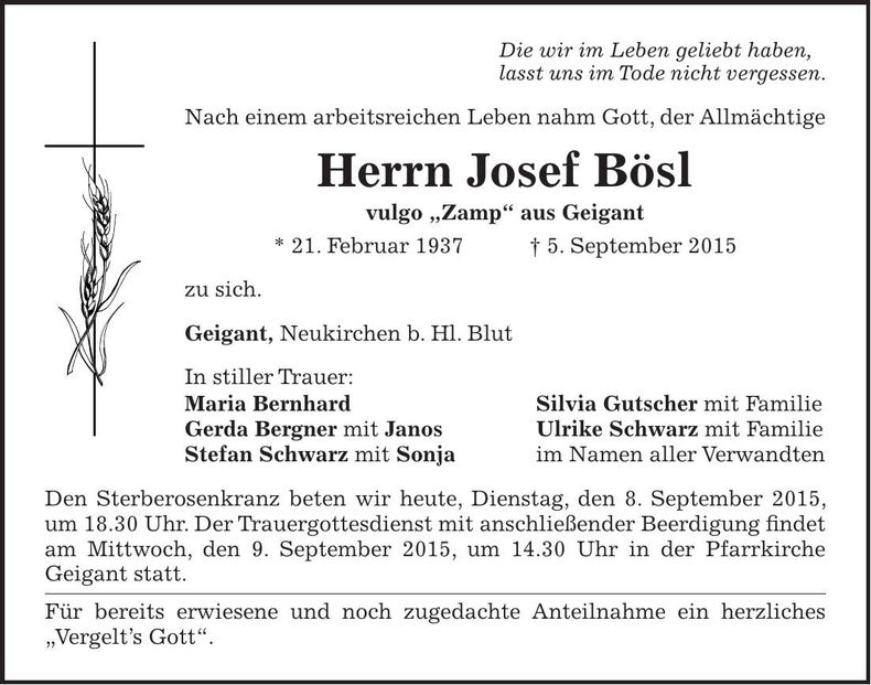 Traueranzeige Josef Bösl