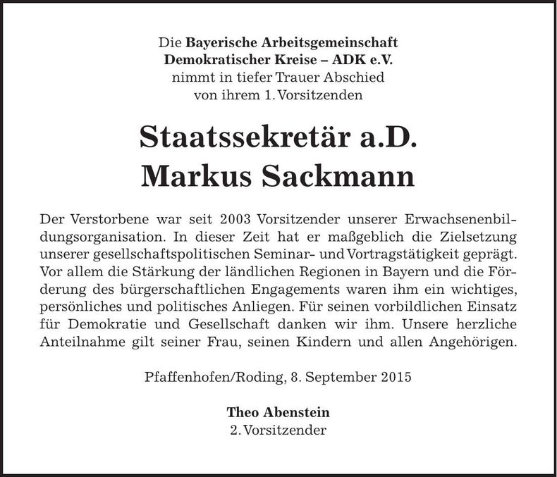 Traueranzeige Markus Sackmann