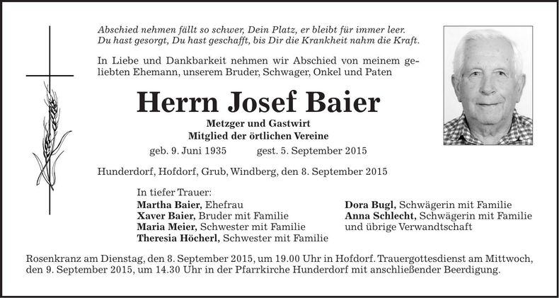 Traueranzeige Josef Baier