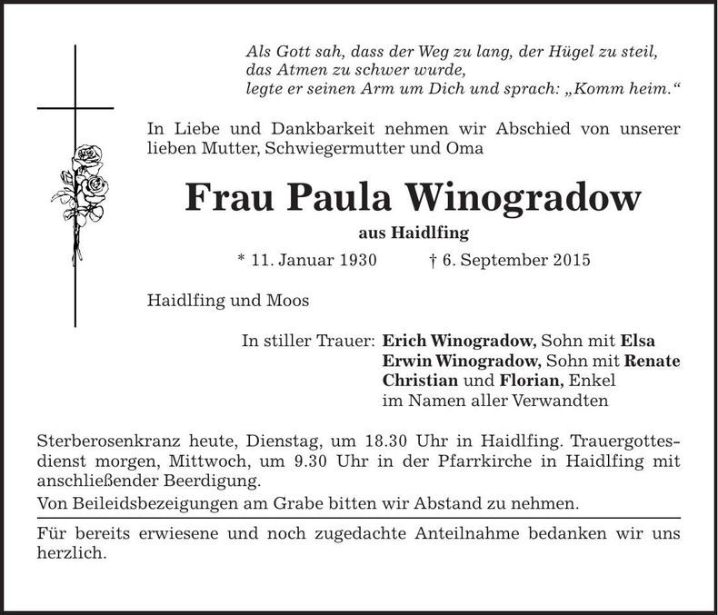 Traueranzeige Paula Winogradow