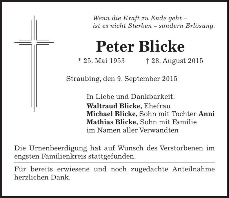 Traueranzeige Peter Blicke