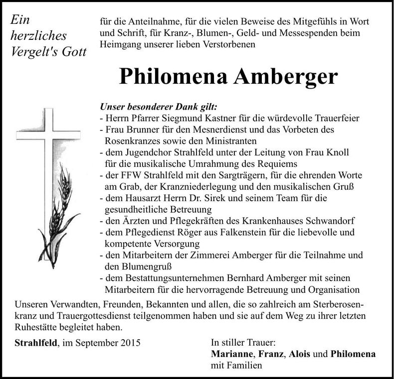 Traueranzeige Philomena Amberger