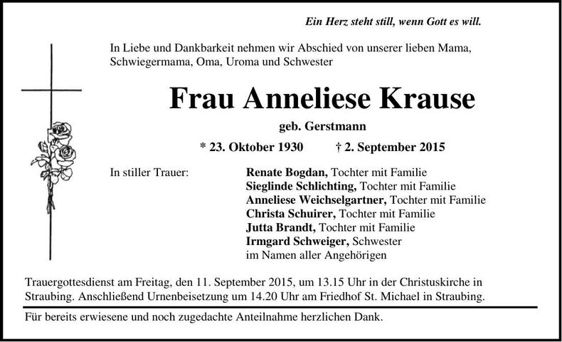 Traueranzeige Anneliese Krause
