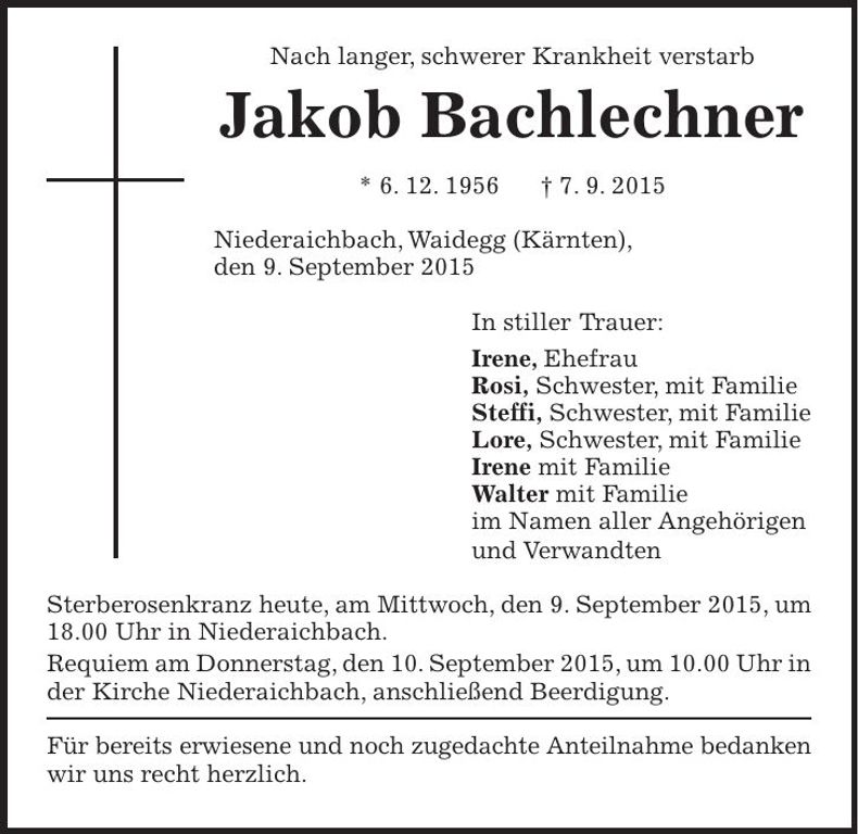Traueranzeige Jakob Bachlechner