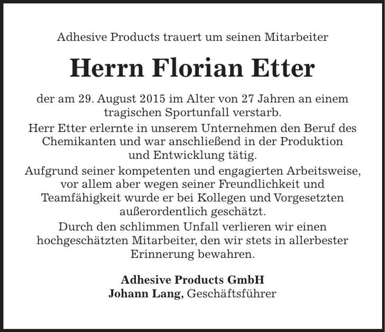 Traueranzeige Florian Etter
