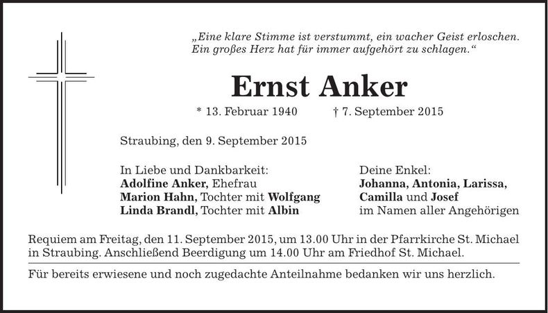 Traueranzeige Ernst Anker