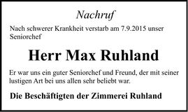 Traueranzeige Max Ruhland