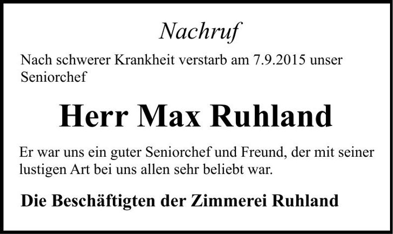 Traueranzeige Max Ruhland