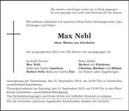 Traueranzeige Max Nebl